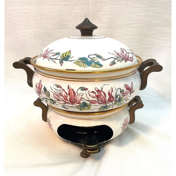 Vintage Fondue Pot With Burner Beautiful Floral Pattern Collectable Enamelware - Picture 15 of 15